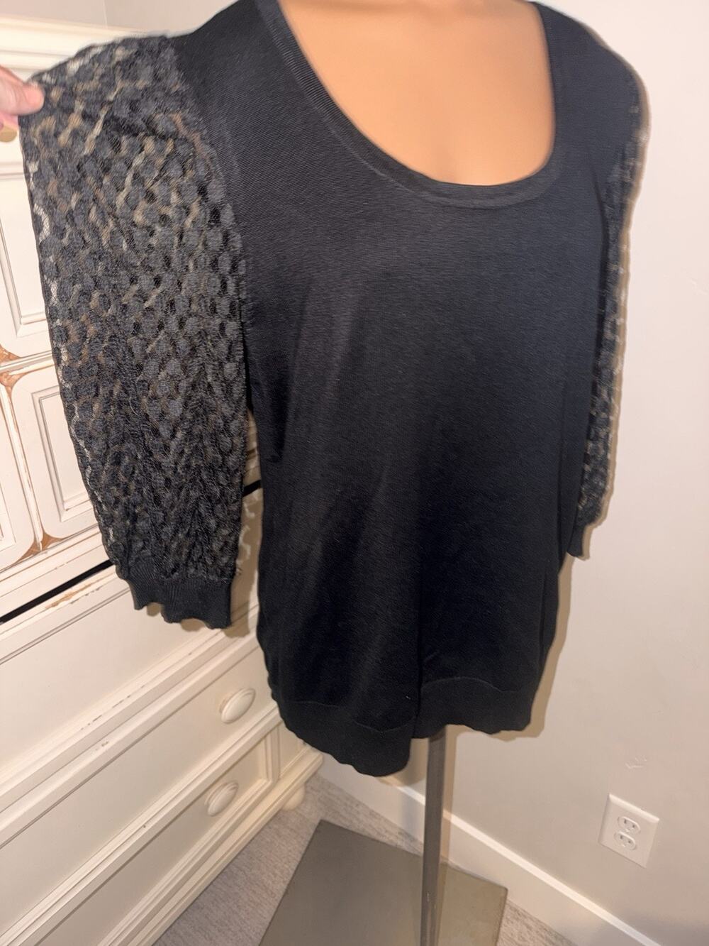 Black Sweater Blouse Mesh Raglan Sleeve Size XL